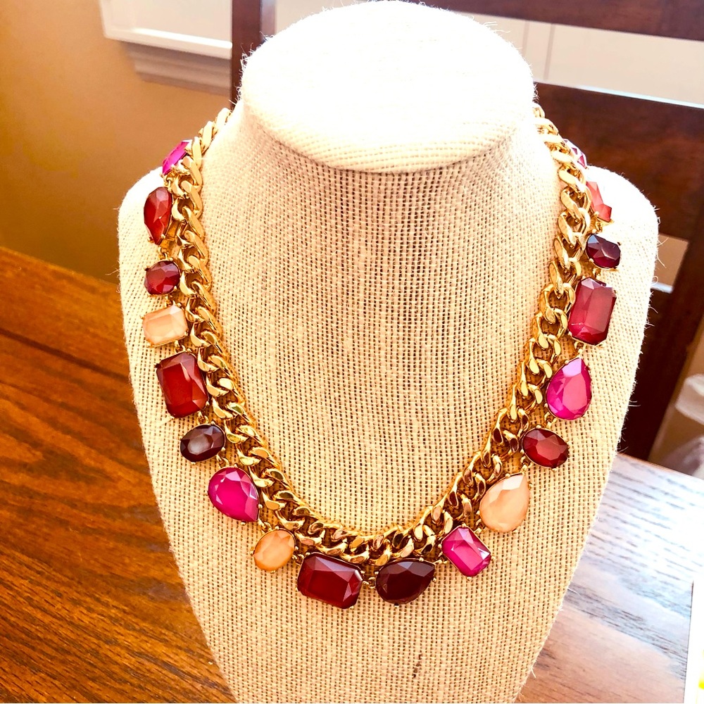 WHBM Convertible Station Necklace Gold Finish Chain with Candy Colored Gems